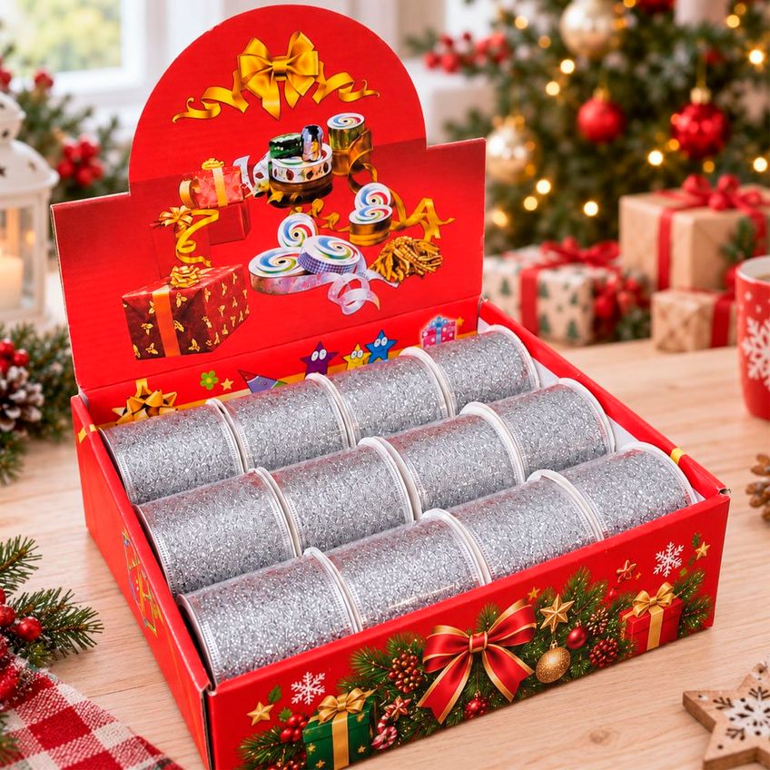 Fita Prateada Aramada Decoração Natal 6,3cm X 2,7m Kit 12pçs - imagem 4