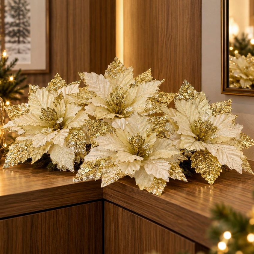 Flor Natal Artificial Glitter Dourada Enfeite 22cm Kit 12pçs - imagem 3