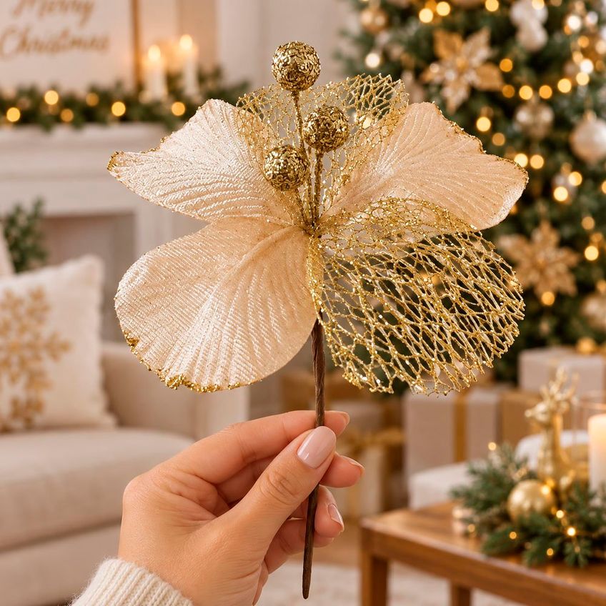 Flor Natalina Artificial Dourada Decoração 20x13cm Kit 6pçs - imagem 2