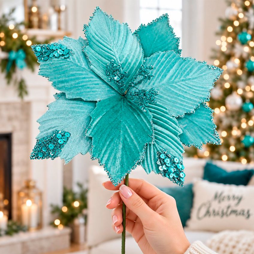 Flores Artificial Natalina Camurça Azul Enfeite 28cm 4 Peças - imagem 2
