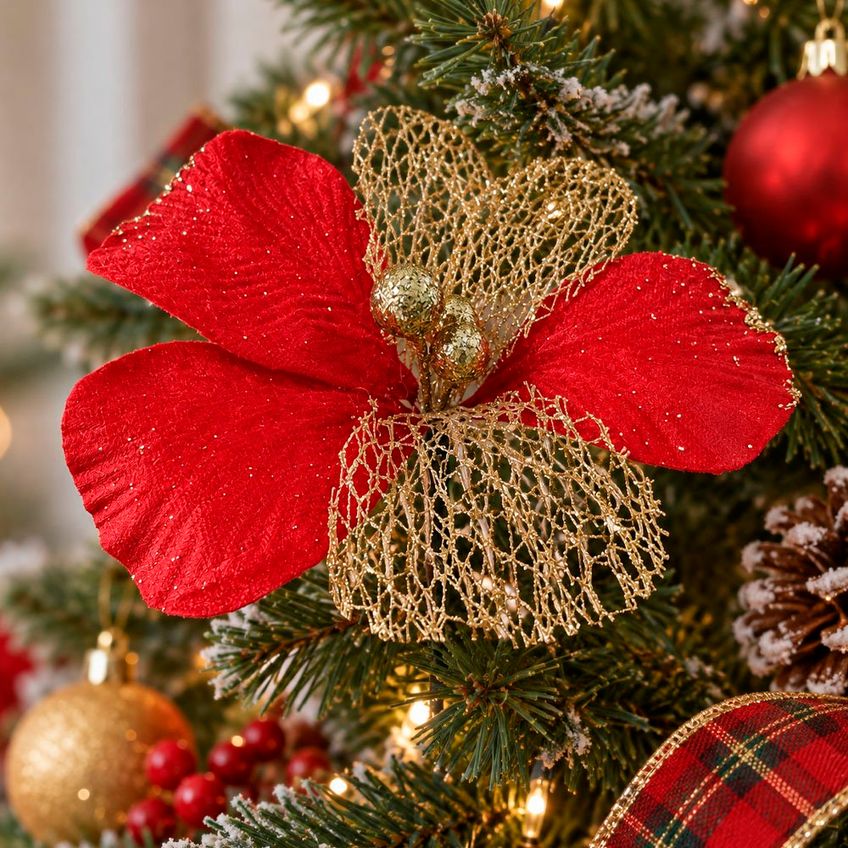 Flor Natal Artificial Vermelha Decoração 20x13cm Kit 12pçs - imagem 4