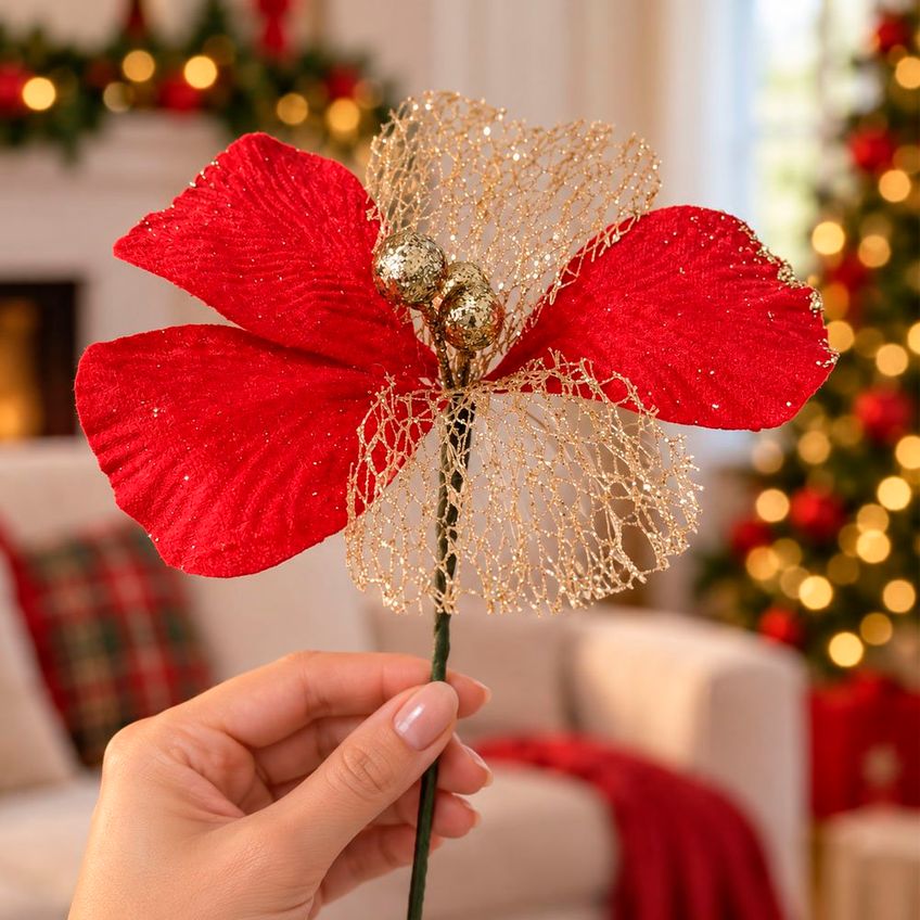 Flor Natalina Artificial Vermelha Decoração 20x13cm Kit 6pçs - imagem 2