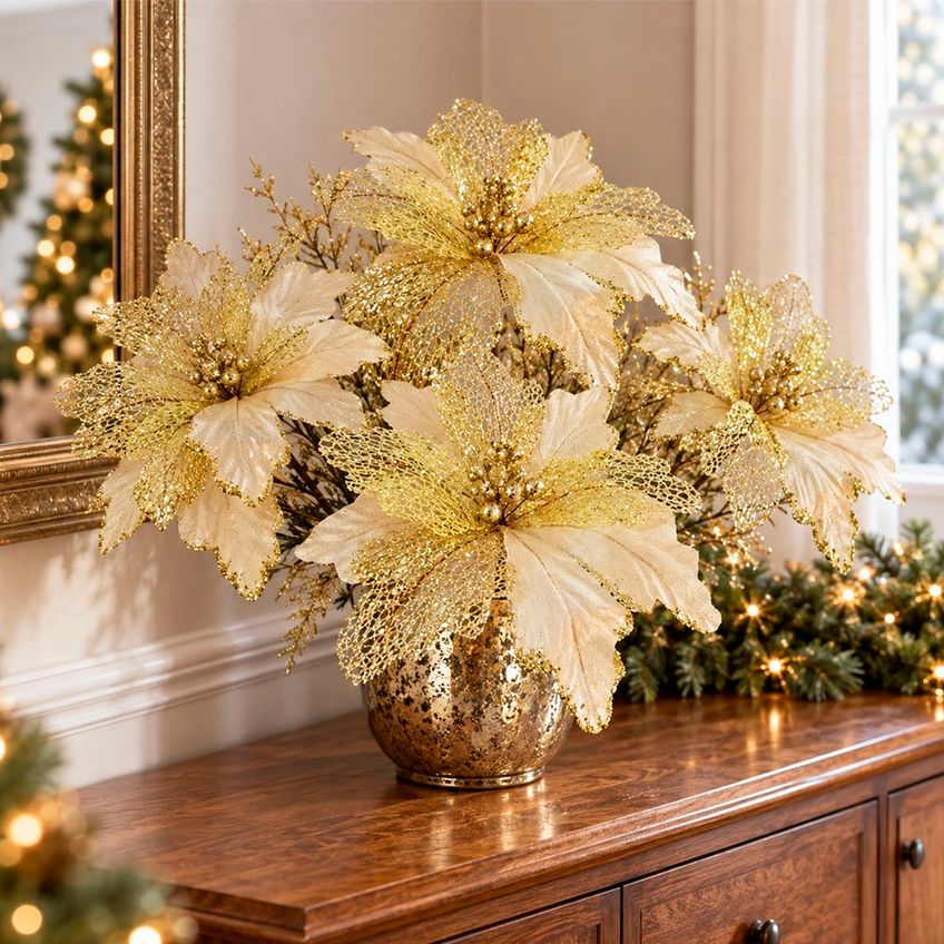 Flor Natal Artificial Glitter Dourada Enfeite 25cm Kit 8pçs - imagem 3
