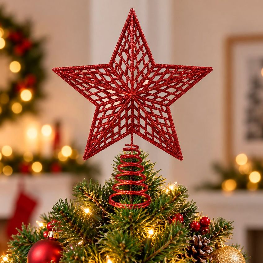 Estrela Natalina Ponteira Árvore Natal Glitter Vermelho 20cm - imagem 5