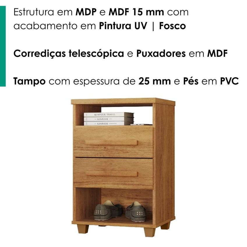 Mesa De Cabeceira 2 Gavetas 2 Nichos 45 Cm Valente Plus Cedro Rudk - imagem 5