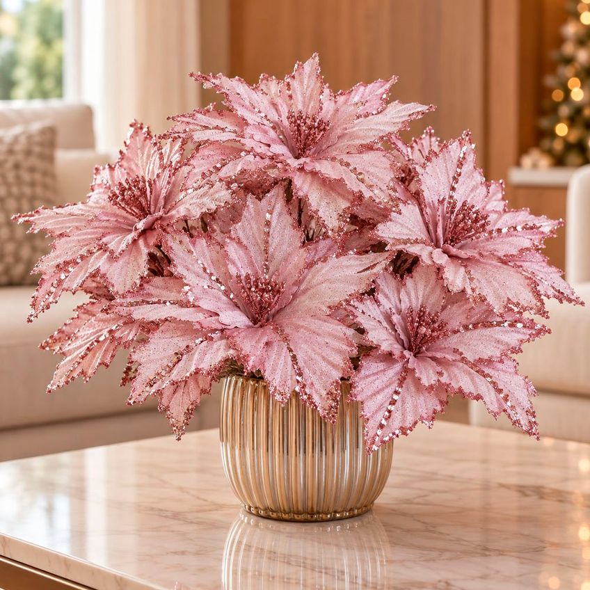 Flor Natal Artificial Rosa Enfeite Decoração 30cm Kit 12pçs - imagem 3