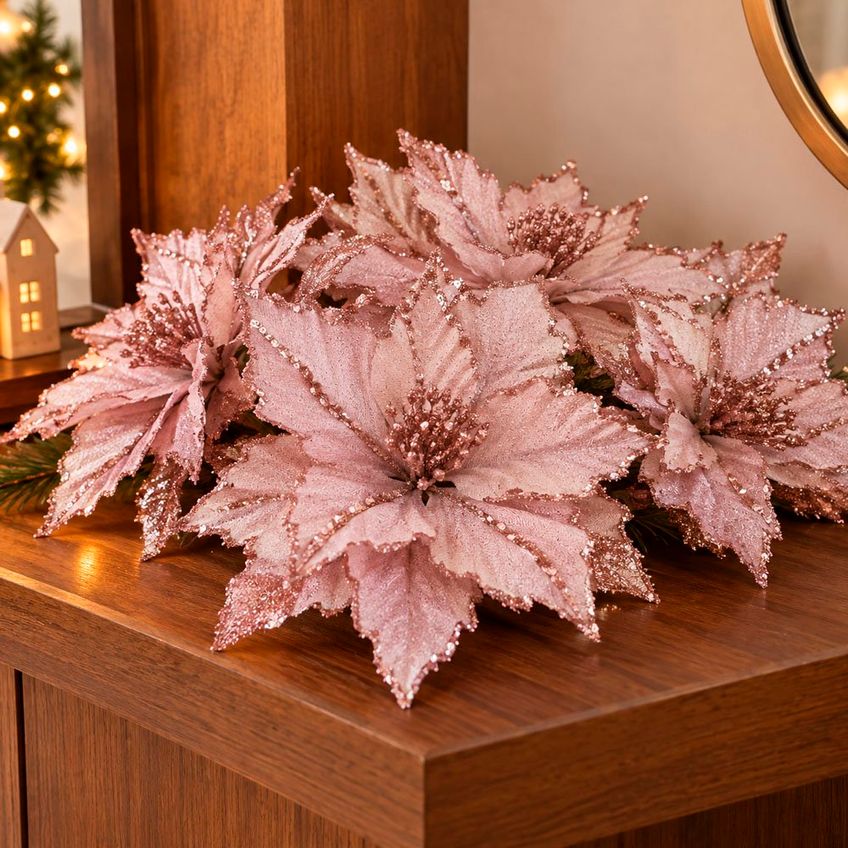 Flor Natal Artificial Rosa Enfeite Decoração 30cm Kit 12pçs - imagem 5