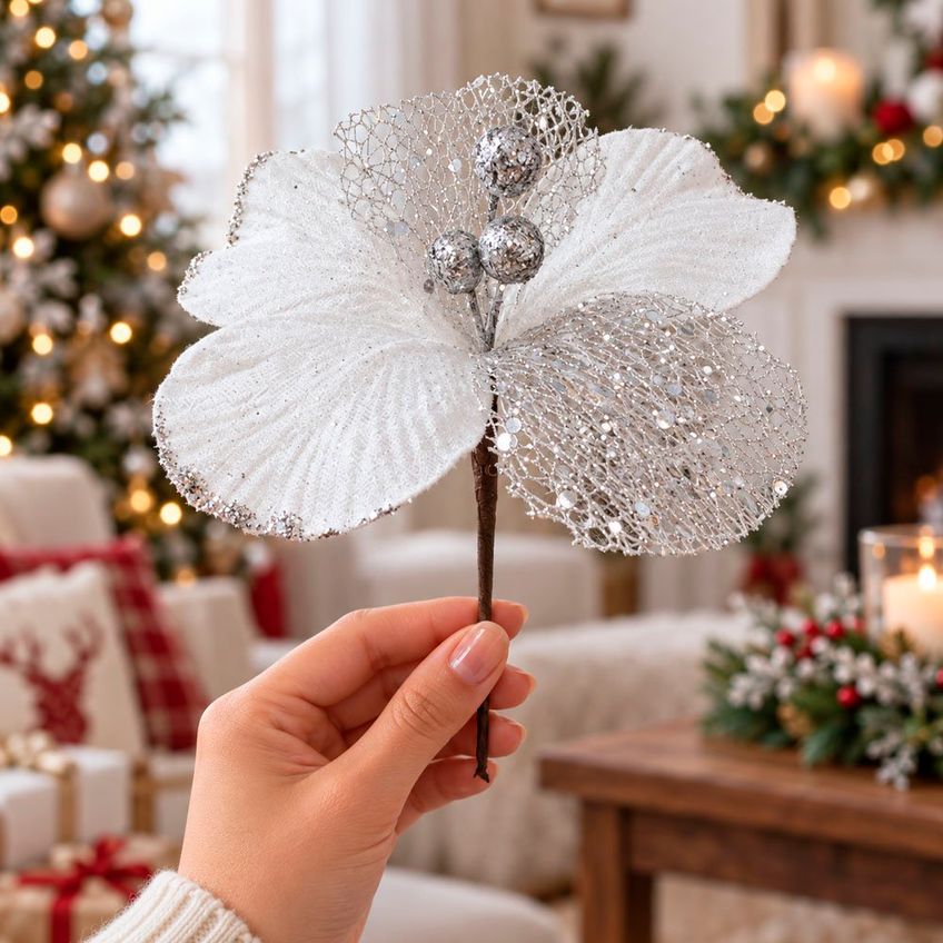 Flor Natalina Artificial Branca Decoração 20x13cm Kit 18pçs - imagem 2