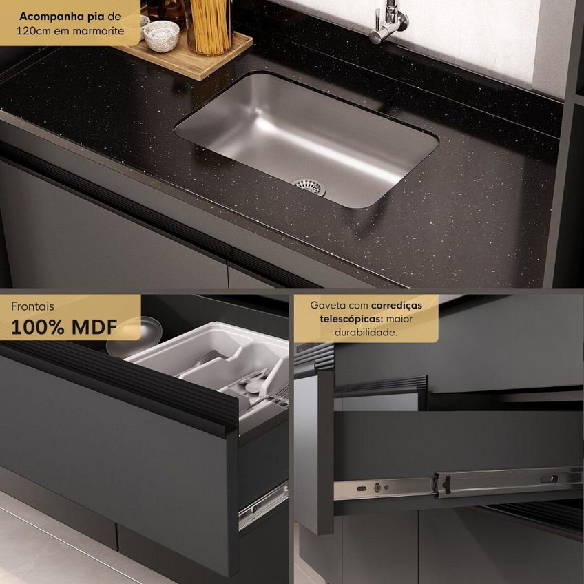Armário Cozinha Modulada Completa Com Pia Inclusa 251,5cm Milano Multimóveis Mcr2473 Grafite/preto - imagem 3
