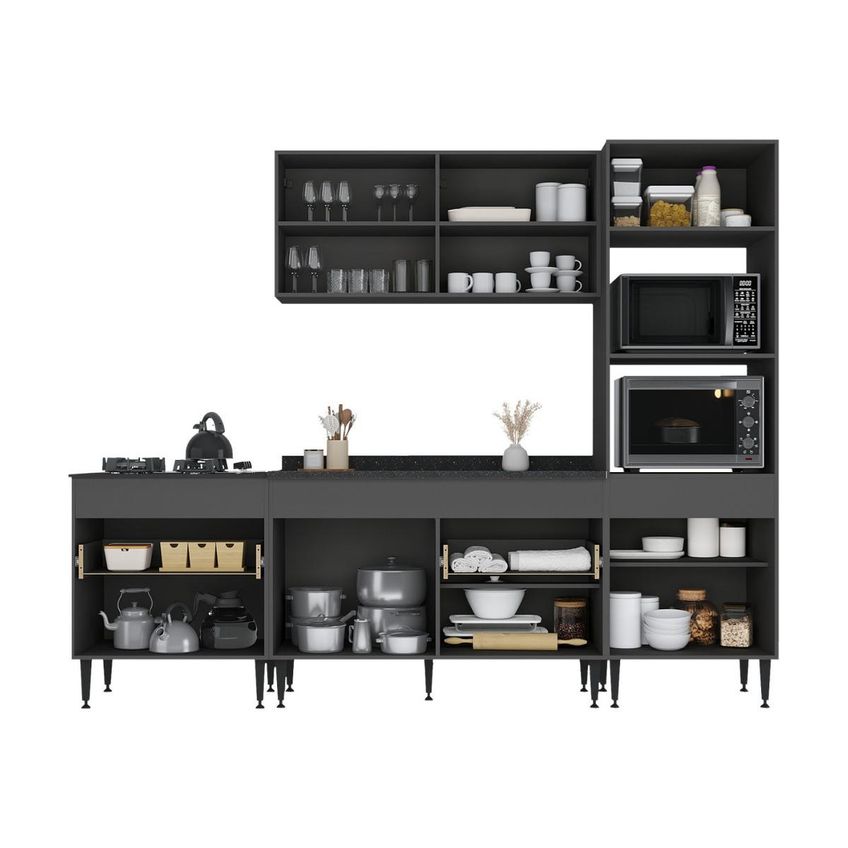 Armário Cozinha Modulada Completa Com Pia Inclusa 251,5cm Milano Multimóveis Mcr2473 Grafite/preto - imagem 5