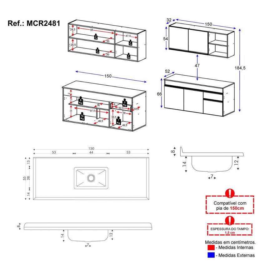 Armário Cozinha Modulada Compacta Suspensa Com Pia 150cm Milano Multimóveis Mcr2481 Grafite/Creme - imagem 4