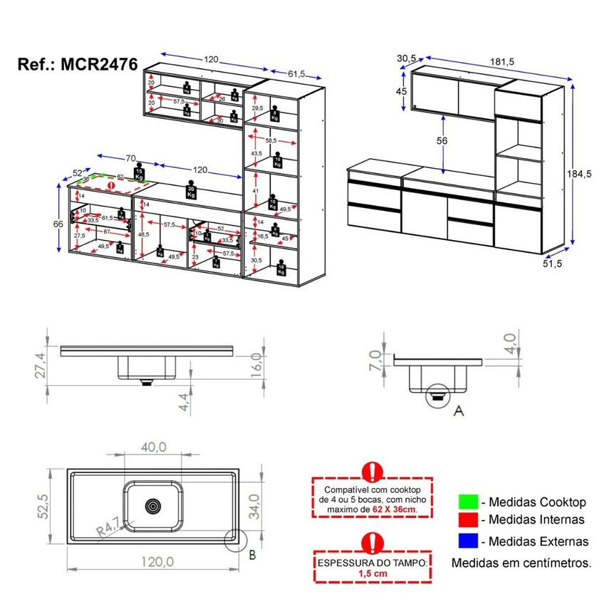 Armário Cozinha Modulada Completa Suspensa Com Pia 251,5cm Milano Multimóveis Mcr2476 Grafite - imagem 4