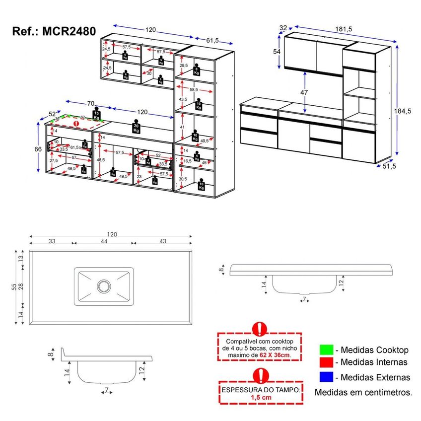 Armário Cozinha Modulada Completa Suspensa Com Pia 251,5cm Milano Multimóveis Mcr2480 Grafite/preto - imagem 4