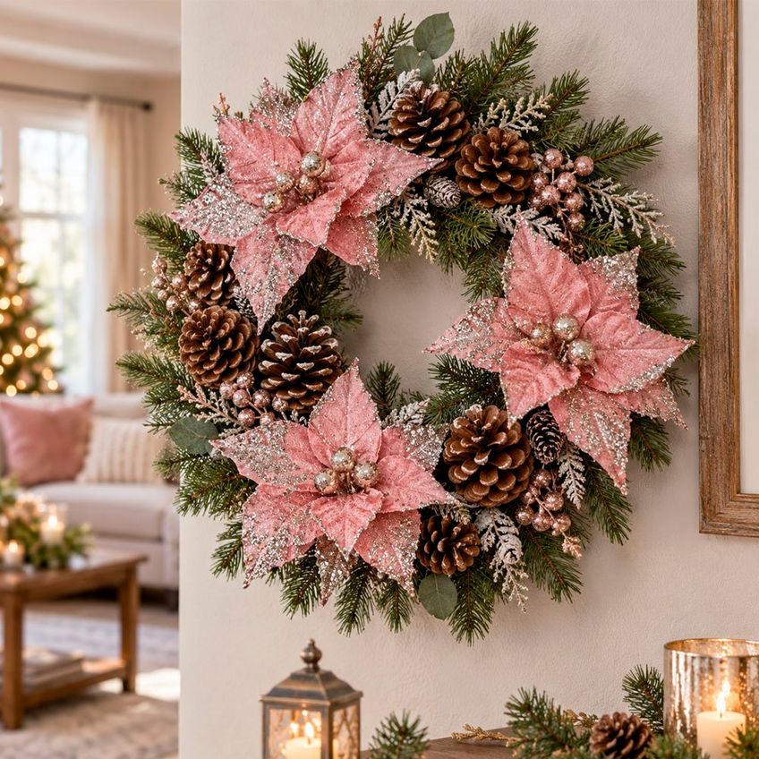 Flor Natal Rosa Gold Decoração Enfeite Glitter 25cm Kit 8pçs - imagem 4
