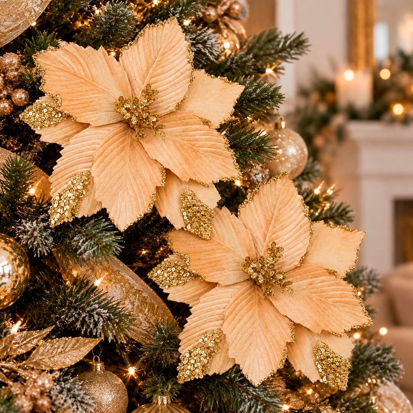 Flores Natalina Artificial Camurça Glitter Dourado 28cm 4 Peças - imagem 4
