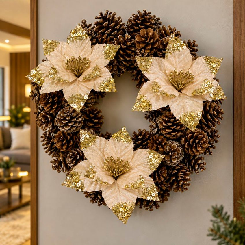 Flor Natalina Artificial Bege Dourado Enfeite 30cm Kit 8pçs - imagem 4