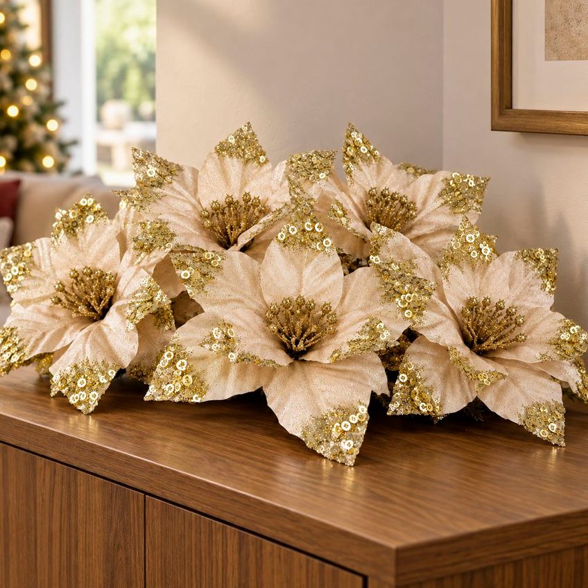 Flor Natalina Artificial Bege Dourado Enfeite 30cm Kit 8pçs - imagem 5