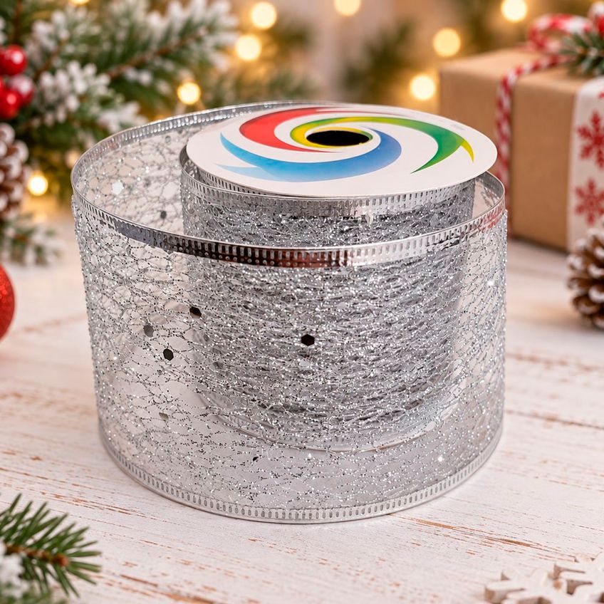 Fita Aramada Prateada Decoração Natal 6,3cm X 2,7m Kit 12pçs - imagem 3