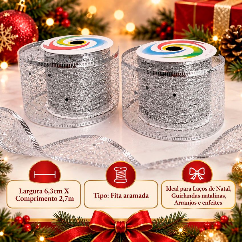 Fita Aramada Prateada Decoração Natal 6,3cm X 2,7m Kit 12pçs - imagem 5