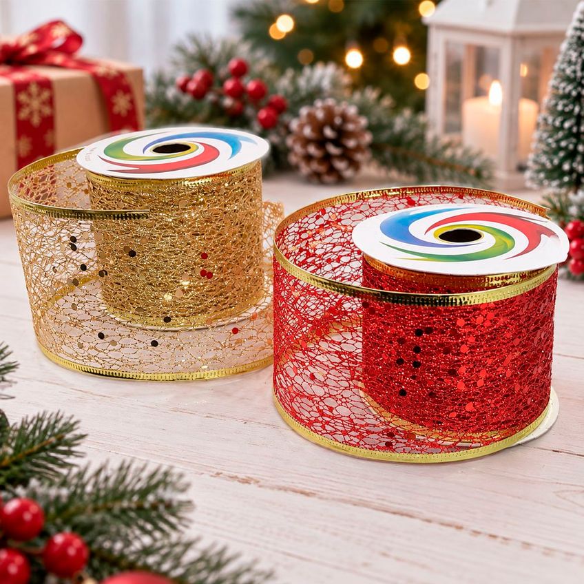 Fita Aramada Vermelha Dourada Natal 6,3cm X 2,7m Kit 12pçs - imagem 3