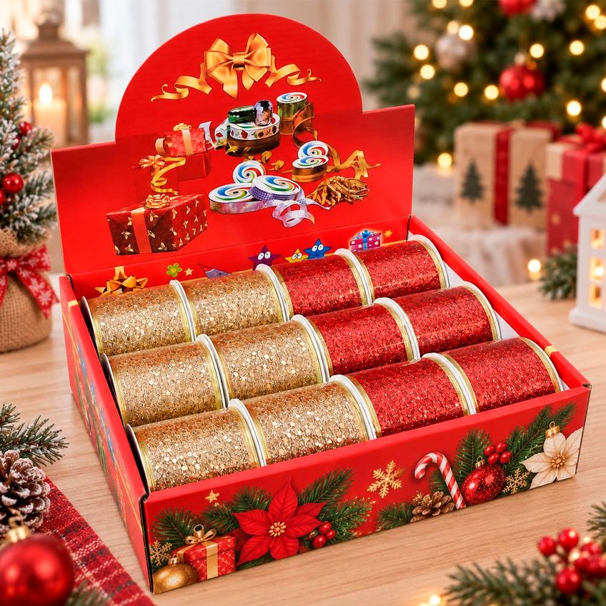 Fita Aramada Vermelha Dourada Natal 6,3cm X 2,7m Kit 12pçs - imagem 4