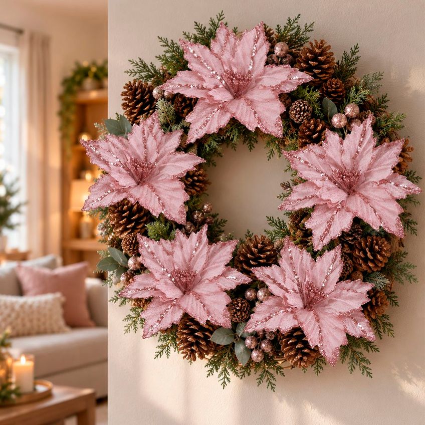 Flor Natal Artificial Rosa Decoração Enfeite 30cm Kit 6pçs - imagem 4