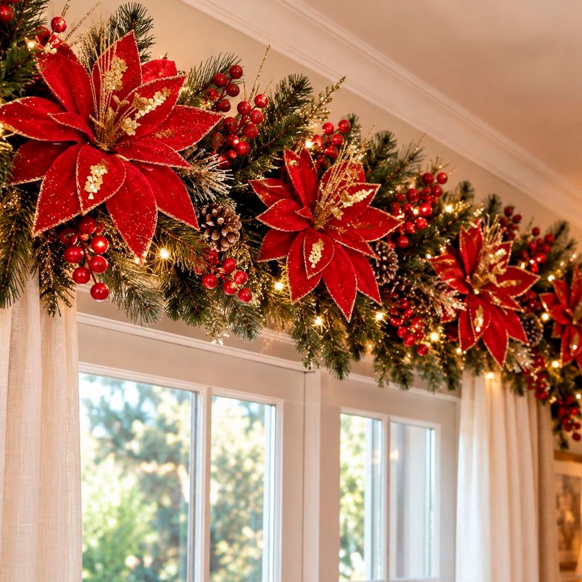 Flor Natal Vermelha Camurça Decoração Enfeite 35cm Kit 8pçs - imagem 4