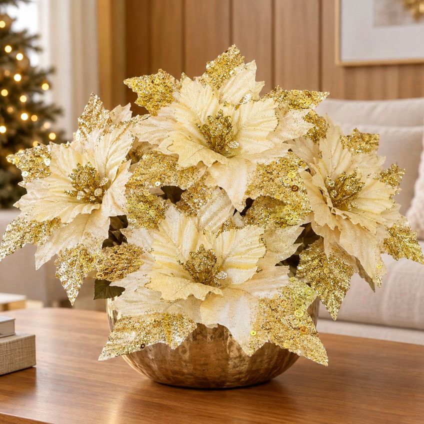 Flor Natal Artificial Dourada Glitter Enfeite 22cm Kit 10pçs - imagem 4