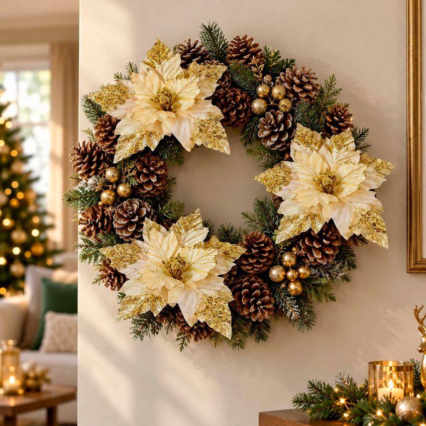 Flor Natal Artificial Dourada Glitter Enfeite 22cm Kit 10pçs - imagem 5