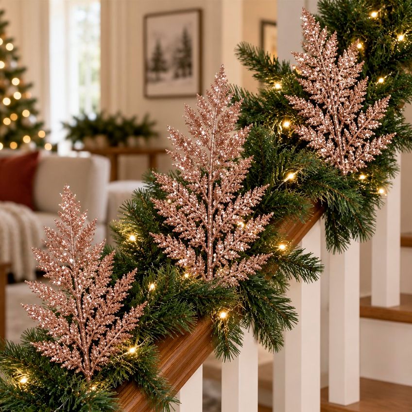 Folha Ramo Artificial Glitter Rose Gold Natalino 50cm 10 Peças - imagem 3