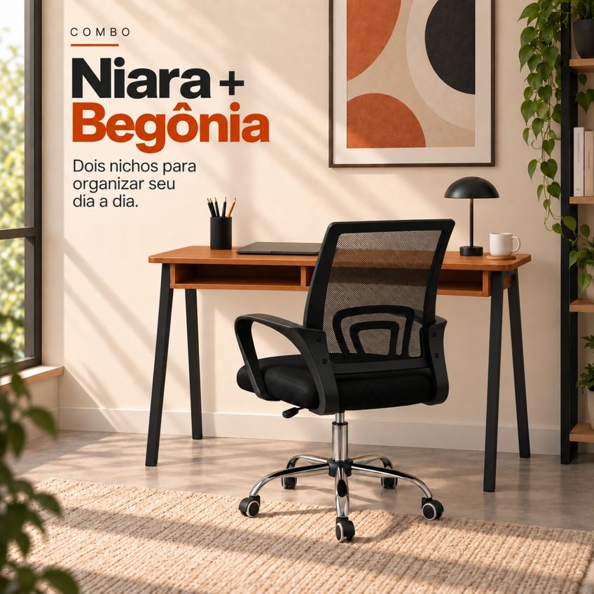 Conjunto De Escritório Mesa Niara E Cadeira Begônia Preto - imagem 4