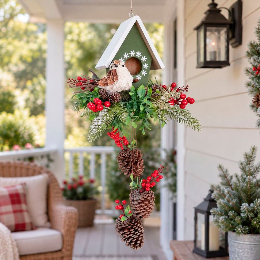 Enfeite Natalino Casinha Passarinho Decoração Arranjo 65cm - imagem 3