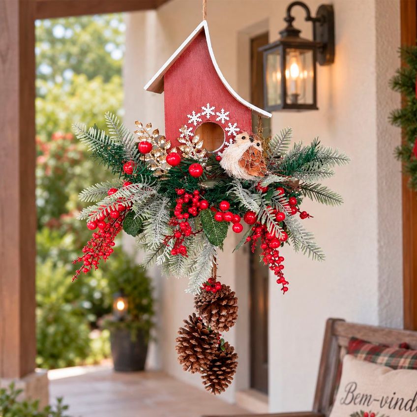 Enfeite Natalino Casinha Passarinho Decoração Arranjo 70cm - imagem 3