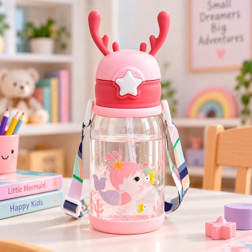 Garrafa Água Portátil Infantil Bebê Com Alça Rena Alce 600ml - imagem 3
