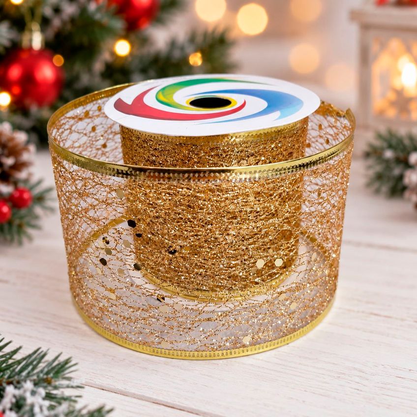 Fita Aramada Dourada Decoração Natal 6,3cm X 2,7m Kit 12pçs - imagem 3