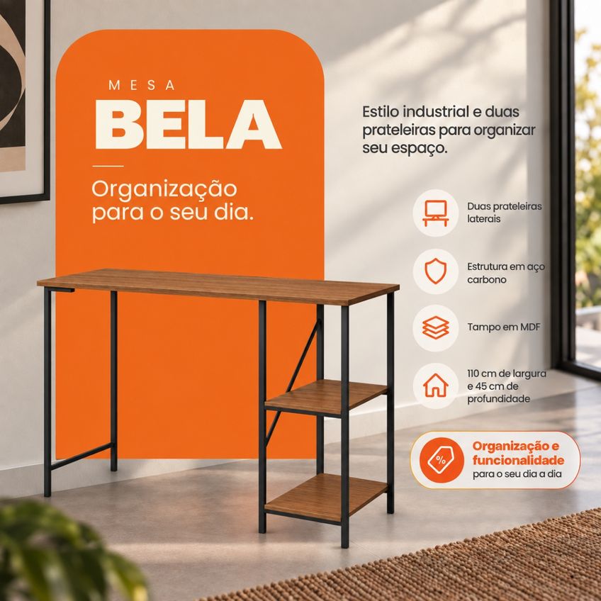 Mesa Bela Preto/Imbuia MDF e Aço Carbono Industrial 110cm - imagem 3