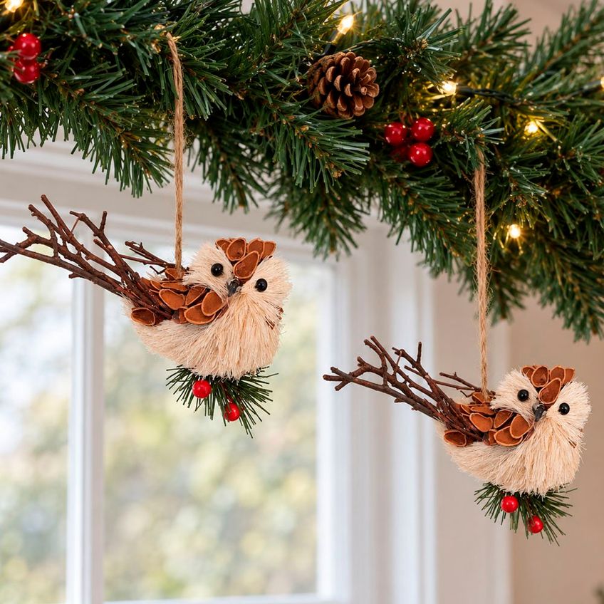 Pendente Passarinho Árvore Natal Enfeite Palha 15cm Kit 2pçs - imagem 4