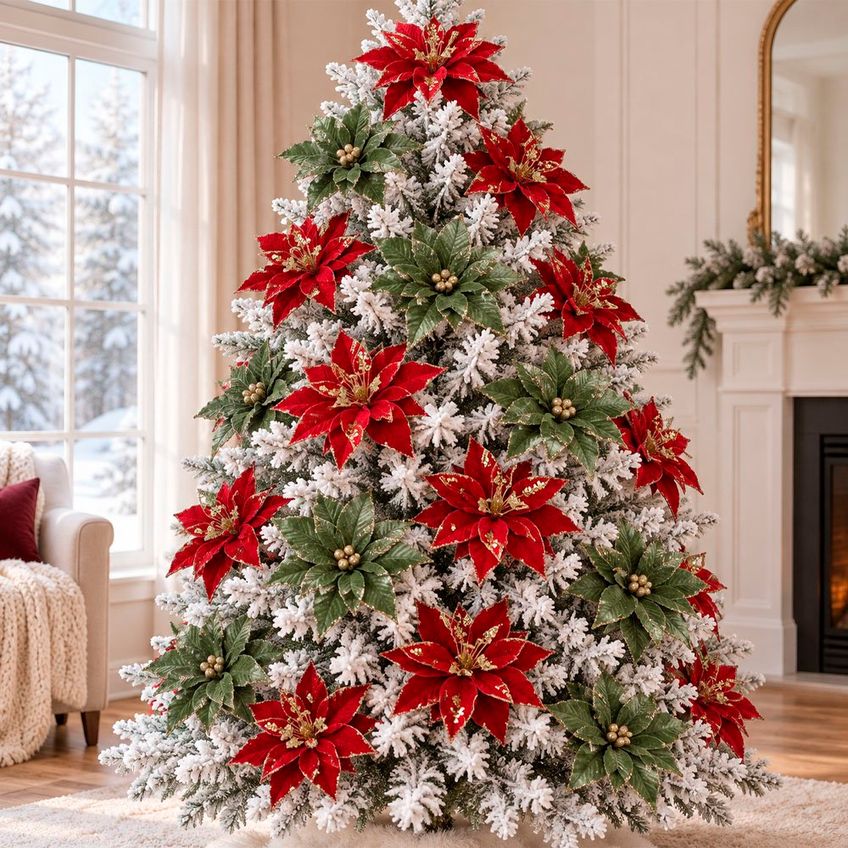 Flor Natalina Vermelha Verde Camurça Decoração 36cm Kit 4pçs - imagem 3
