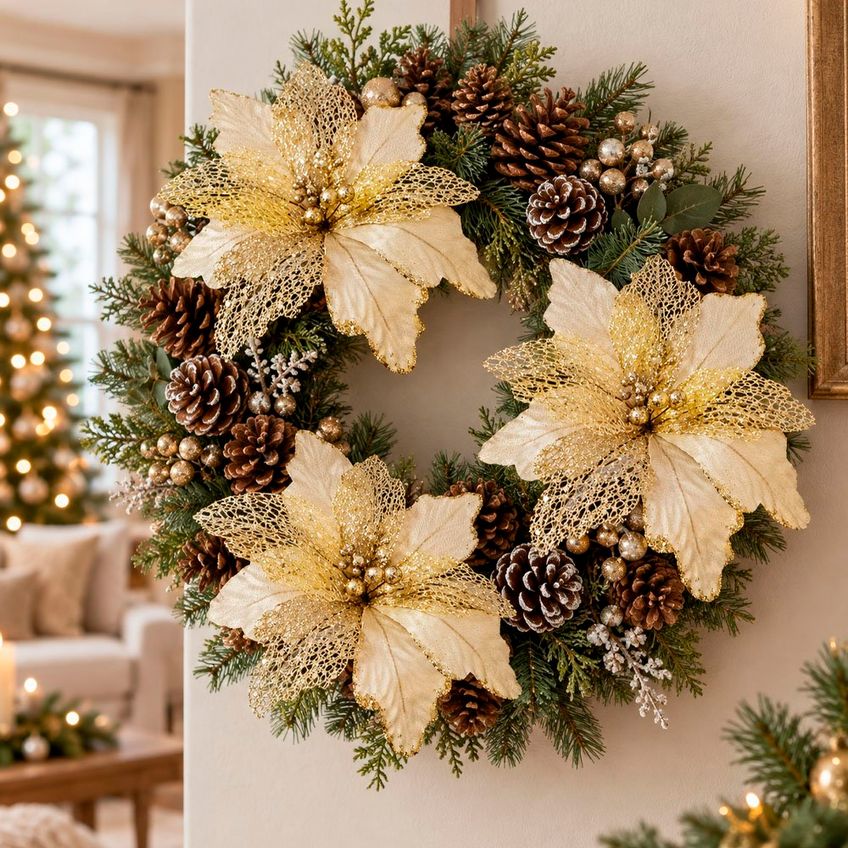 Flor Natal Artificial Dourada Glitter Enfeite 25cm Kit 12pçs - imagem 4