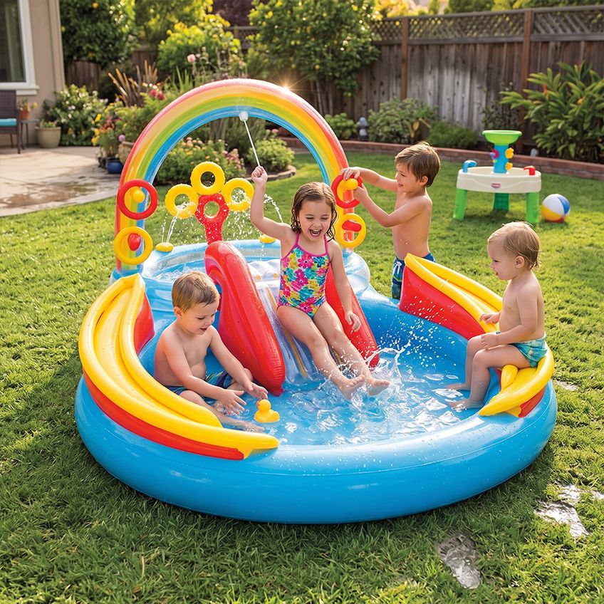 Piscina Infantil Inflável Playground Arco Iris 227l Bomba Elétrica Intex - imagem 4