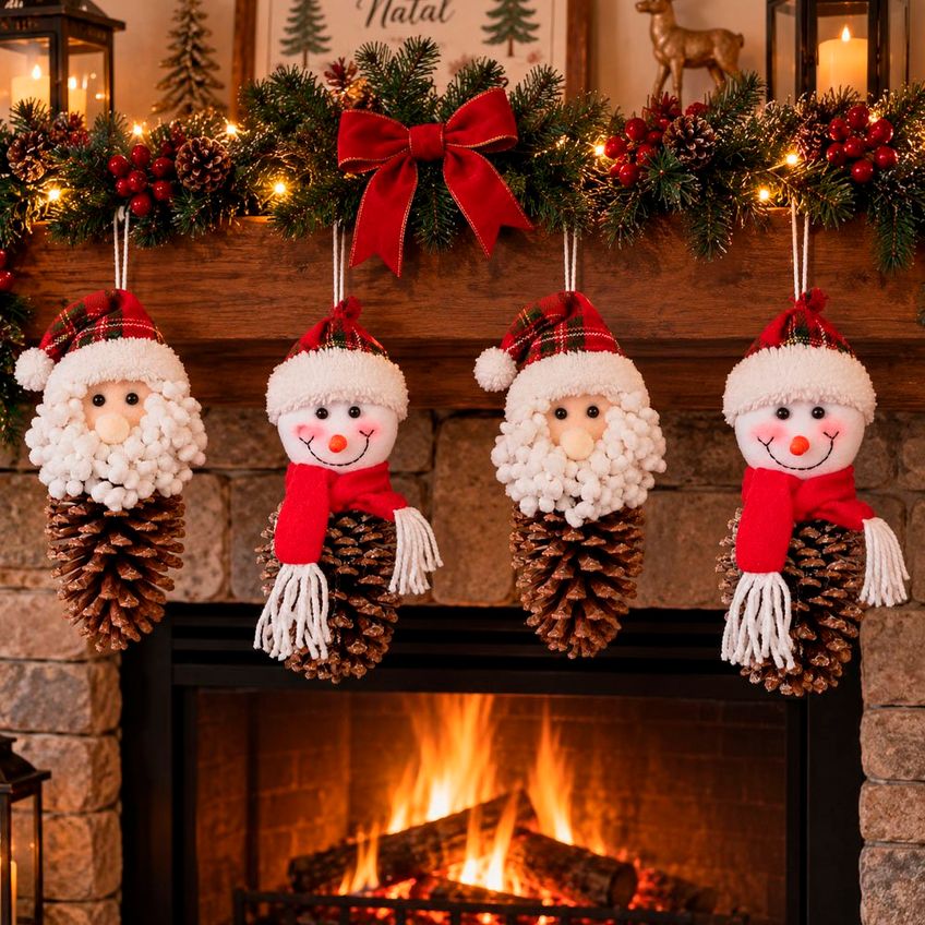 Pendente Pinha Natural Papai Noel Boneco Neve Natal Kit 6pçs - imagem 3