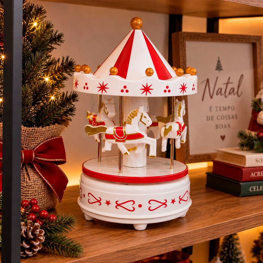 Carrossel Musical Branco Enfeite Decoração Natal Corda 17cm - imagem 3
