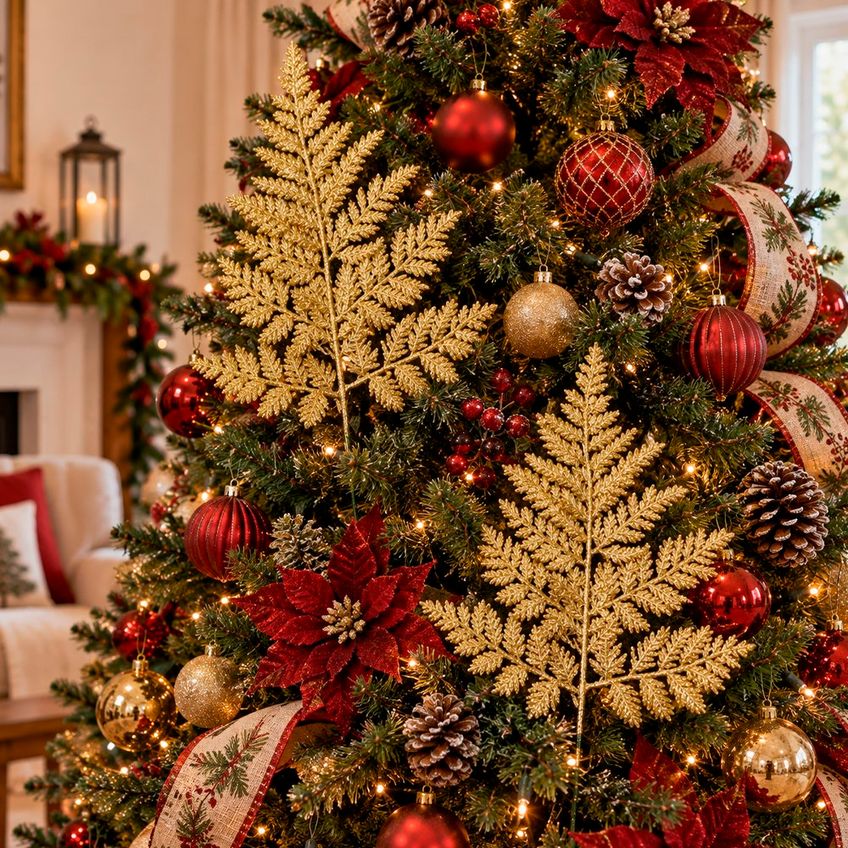 Ramo Natalino Folha Artificial Glitter Dourado 35cm 10 Peças - imagem 4
