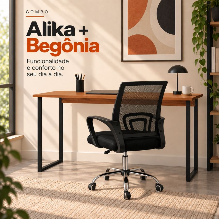 Conjunto De Escritório Mesa Alika E Cadeira Begônia Mesh Preta - imagem 4