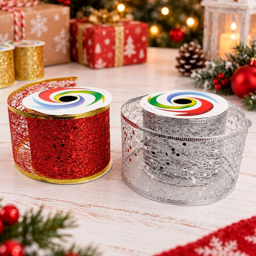 Fita Aramada Decoração Enfeite Natal 6,3cm X 2,7m Kit 12pçs - imagem 3