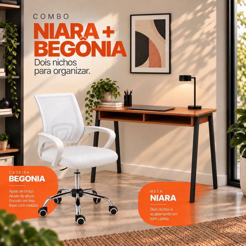 Conjunto De Escritório Mesa Niara E Cadeira Begônia Mesh Branca - imagem 5