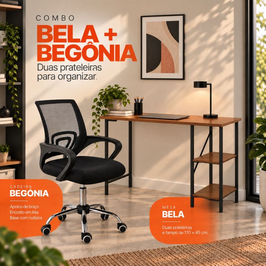 Conjunto De Escritório Mesa Bela E Cadeira Begônia Mesh Preto - imagem 4
