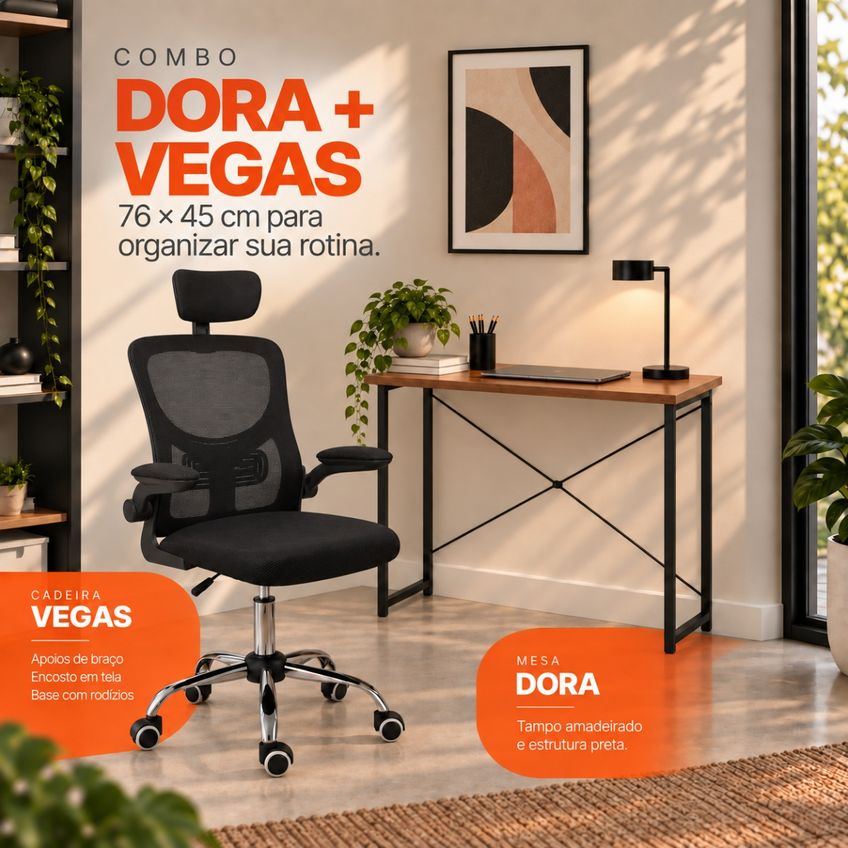 Conjunto De Escritório Mesa Dora E Cadeira Diretor Vegas Preto - imagem 4