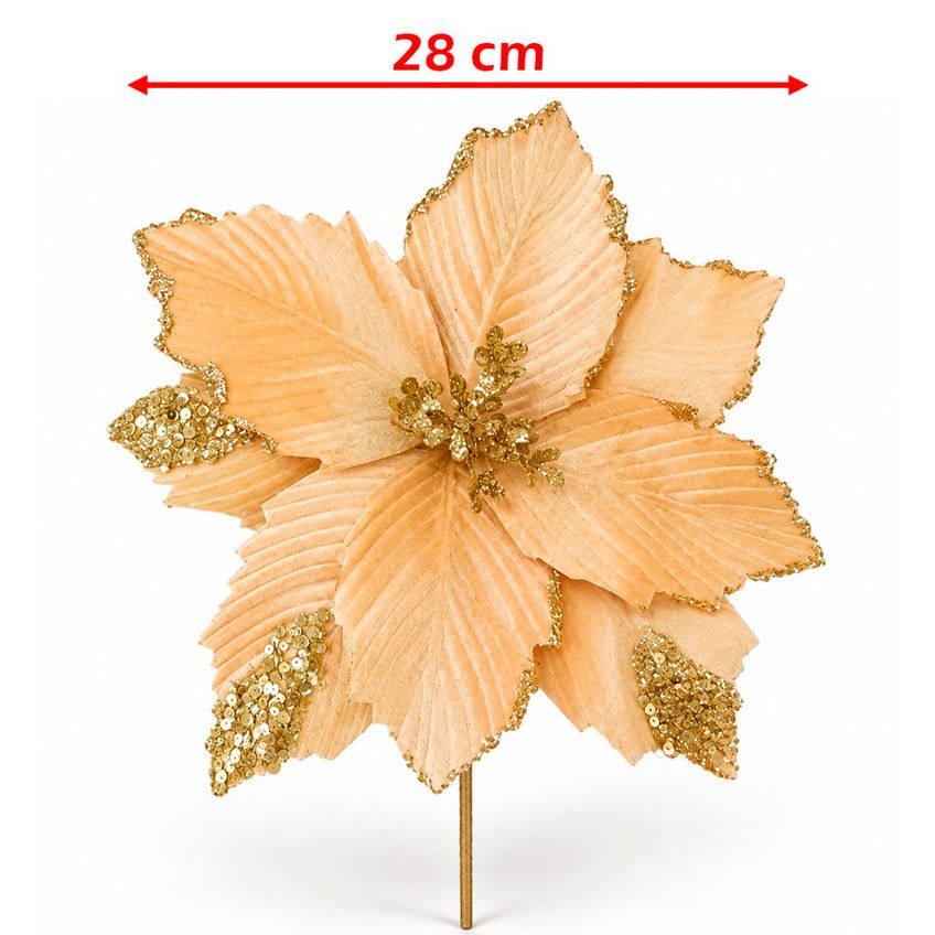 Flores Natalina Artificial Camurça Glitter Dourado 28cm 6 Peças - imagem 5
