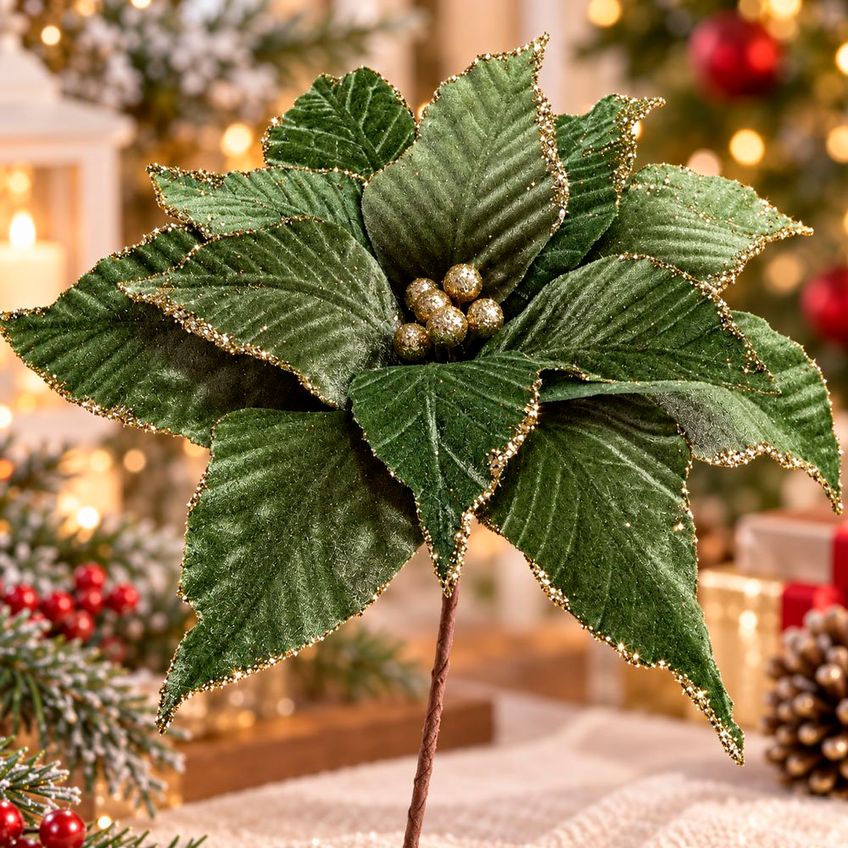 Flor Natalina Poinsetia Verde Enfeite Camurça 36cm Kit 6pçs - imagem 4